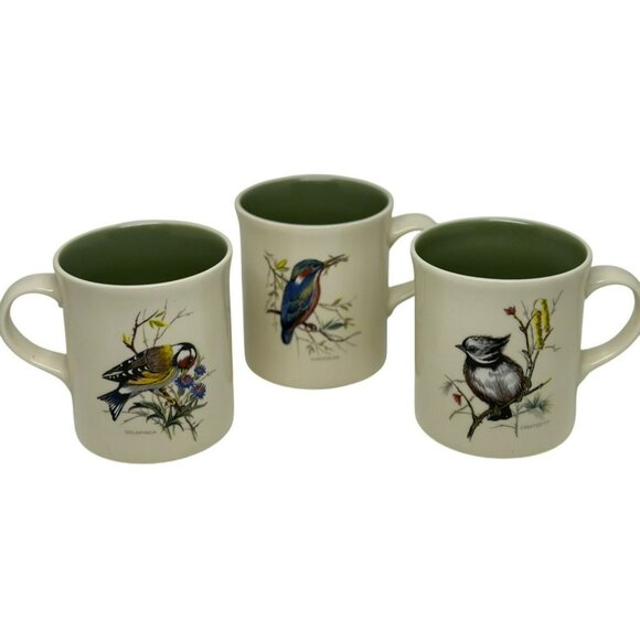 VTG Bird Coffee Mug Set of 3 Goldfinch, Cardinal Chickadee, Cream & Green, 4.75" - Picture 1 of 11